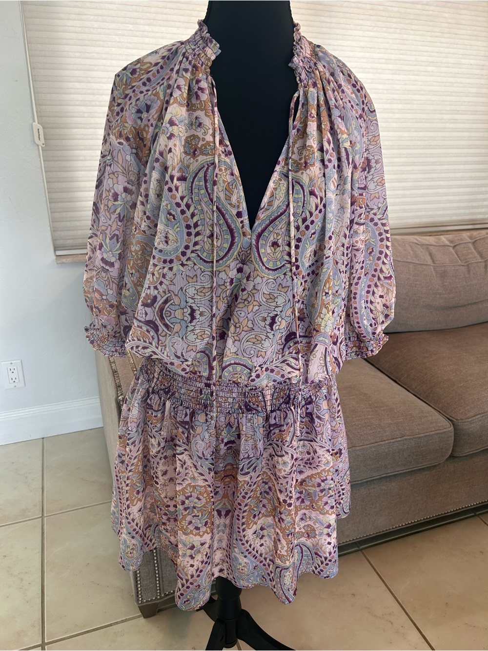 H&M Lilac Paisley Tie-Neck Smocked Mini Dress